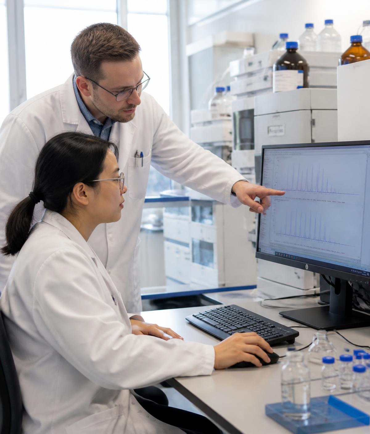 Investigadores analizando datos científicos en el laboratorio